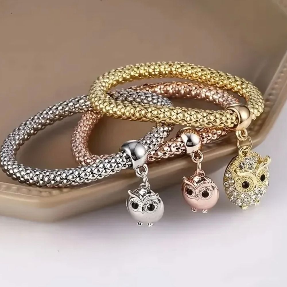 3pcs Trio Color Rhinestone Owl Charm Bracelets